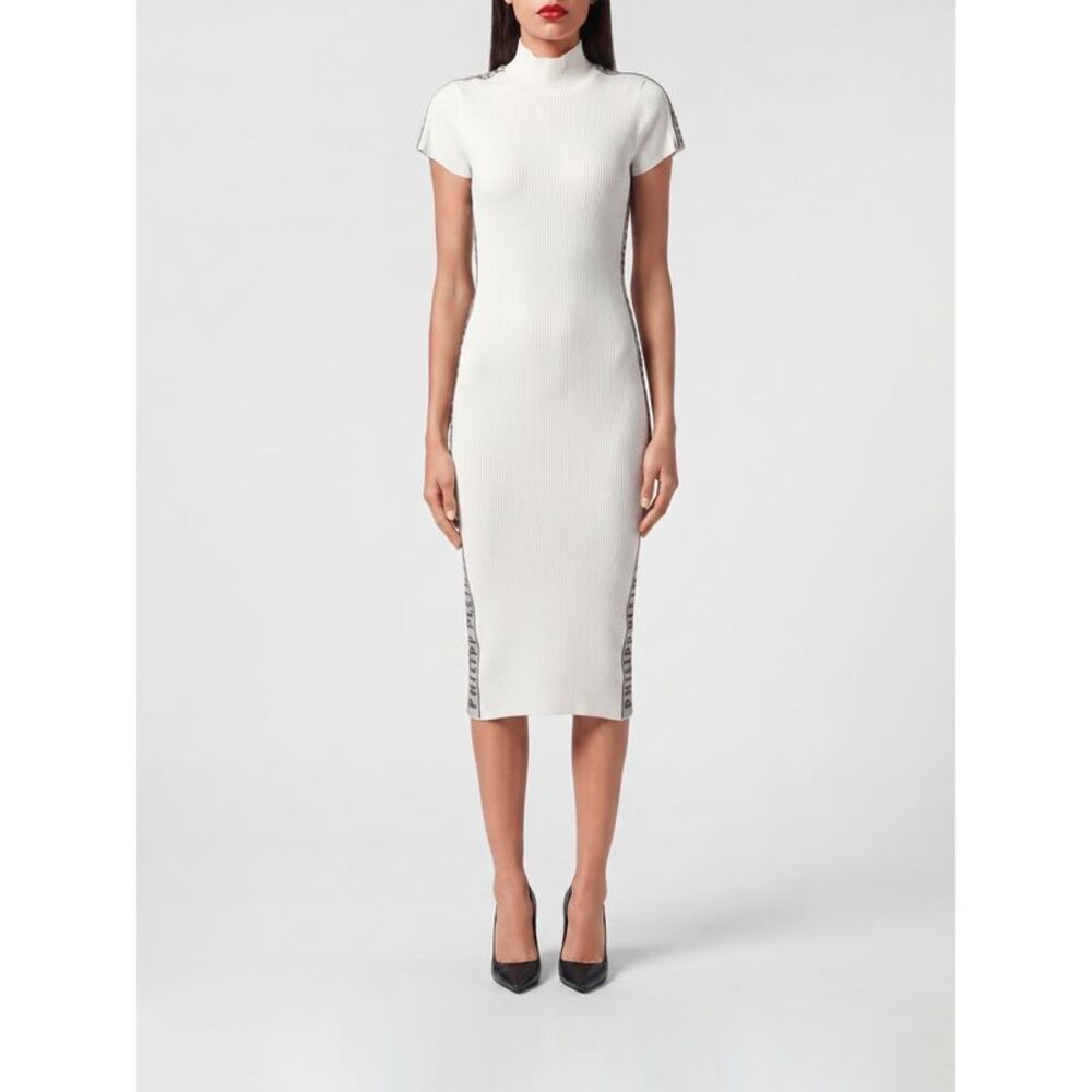 Philipp Plein Ribbed-Knit Sheath Midi Dress With Rhinestone Embroidery
